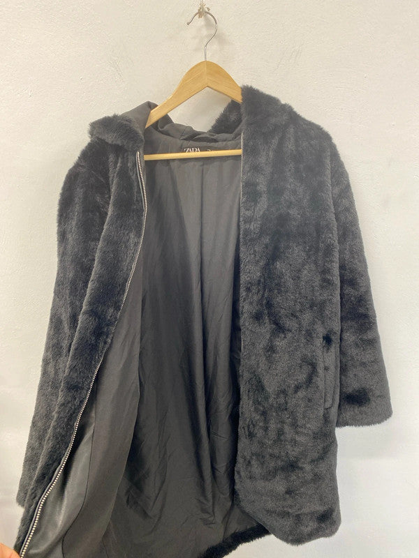 Zara Fabulous Black Faux Fur Coat Size M KS002