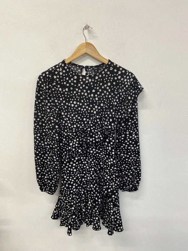 River Island Stylish Black & White Ditsy Floral Asymmetric Ruffle Mini Dress UK 8 KM004