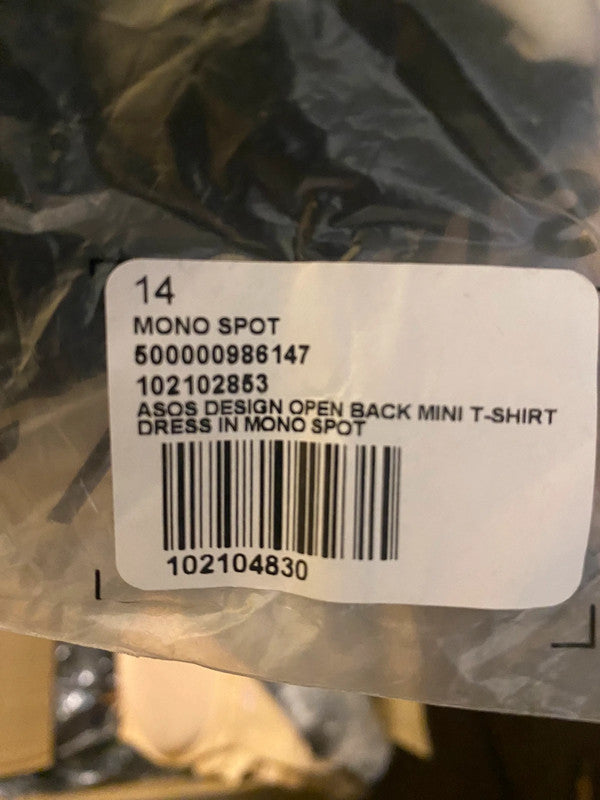 Asos Mini T shirt Dress mono Black & White spot backless Uk14 New LB001