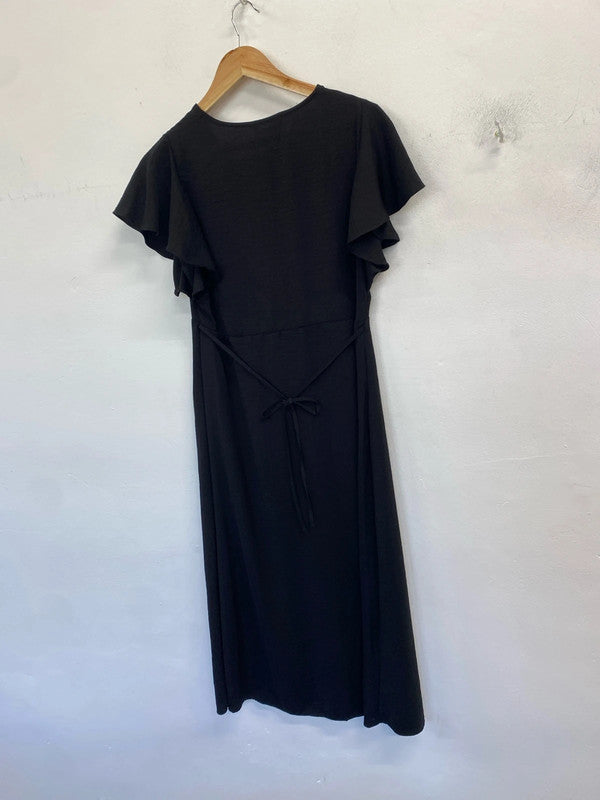 Lovely Matalan button up black frill short sleeve maxi dress UK 12 AO001
