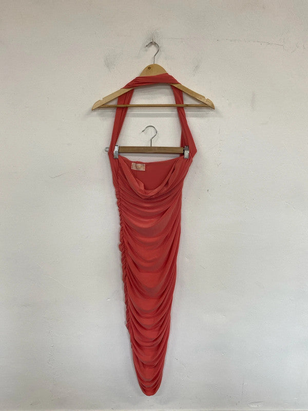 Club L London Fabulous Coral Halterneck Ruched Midi Dress UK 10 LK009