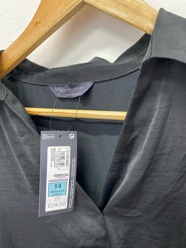 Fabulous M&S black satin blouse Uk14 classic elegant LW005