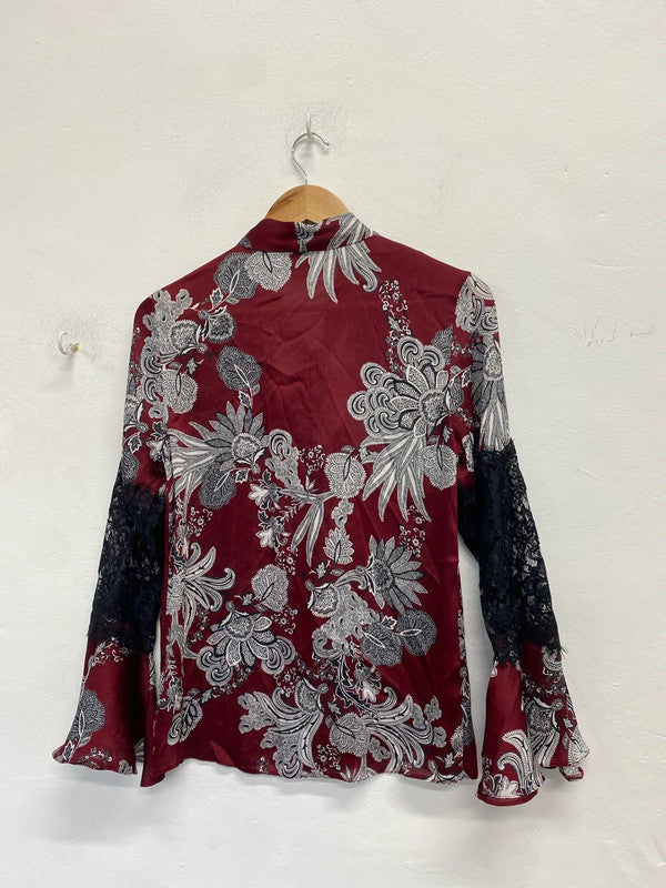 Lovely river island pussy bow red white pattern lace sleeve blouse UK S KM004