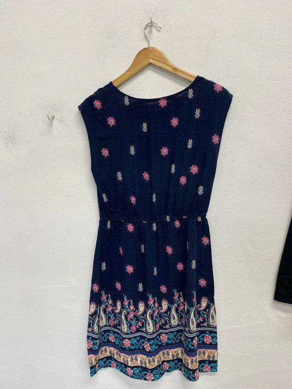 Lovely apricot navy pattern floral pink mini dress UK 10 JA002