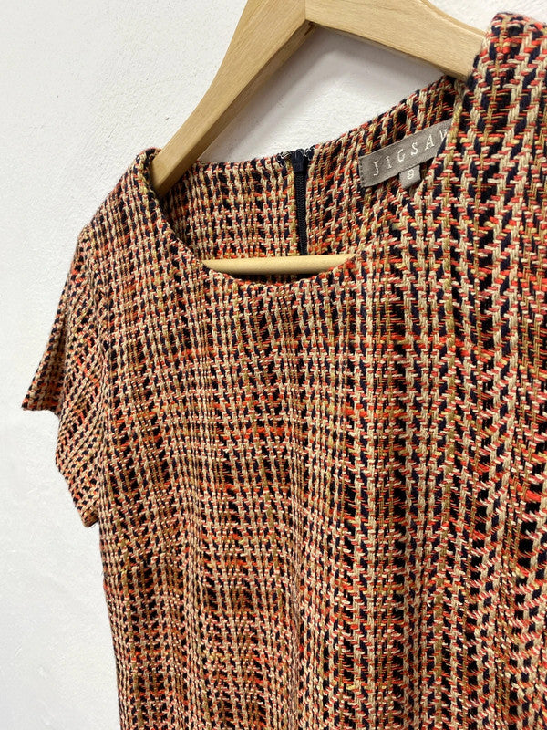 Fabulous Jigsaw Orange Navy check silk blend formal dress Uk8 AG006