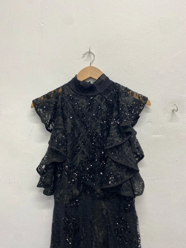 Lovely river island black sequin frill dress formal UK S KM004