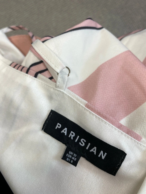 Lovely Parisian white pink stripe summer dress UK 12 JB001