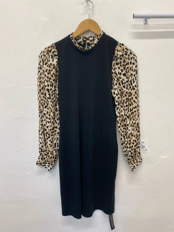 Roman leopard sleeved party dress Uk10 ruffle neck AO001
