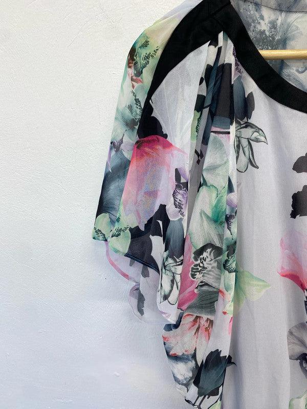 Lovely coast white black floral frill sleeve top UK 12 KM005