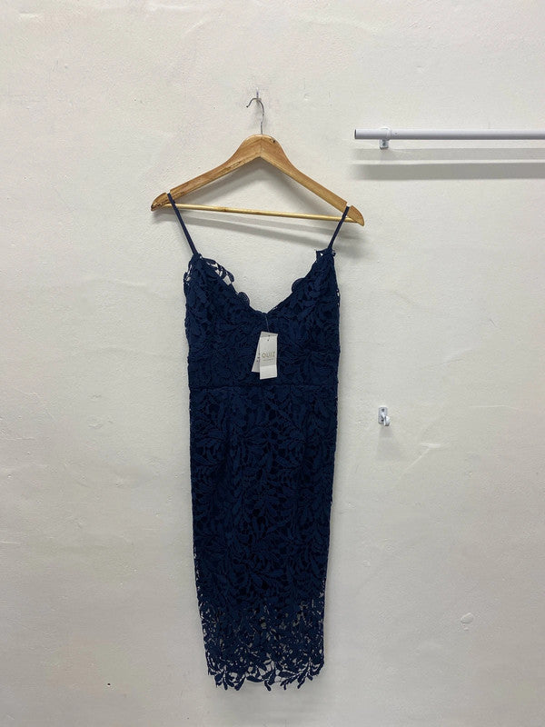 Fabulous navy overlay occasion party dress Uk12 AO001