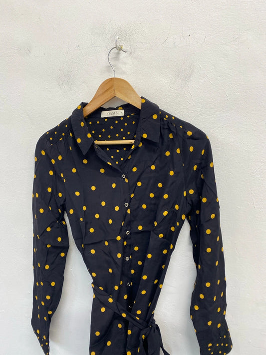 Lovely oasis black yellow spotted belted tie shirt dress UK 10 AG006