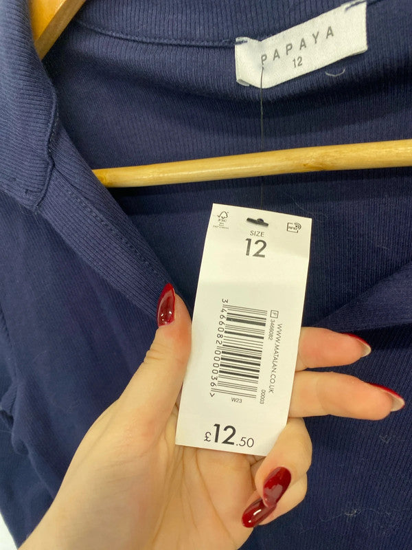 Gorgeous papaya long sleeve navy ribbed collared top UK 12 AO001