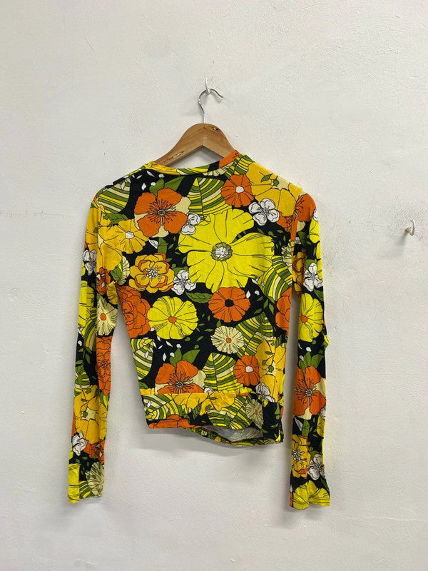 Stunning Zara trafaluc funky floral yellow orange ruched top UK S NS003