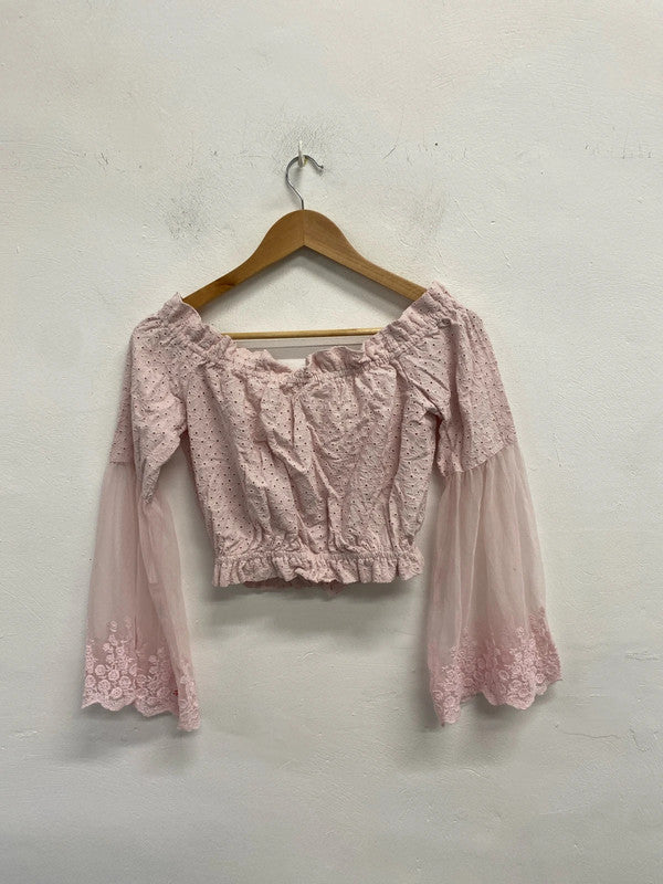 Fabulous river island fairytale pink lace sheer sleeve bardot top with tie neck UK S KM004