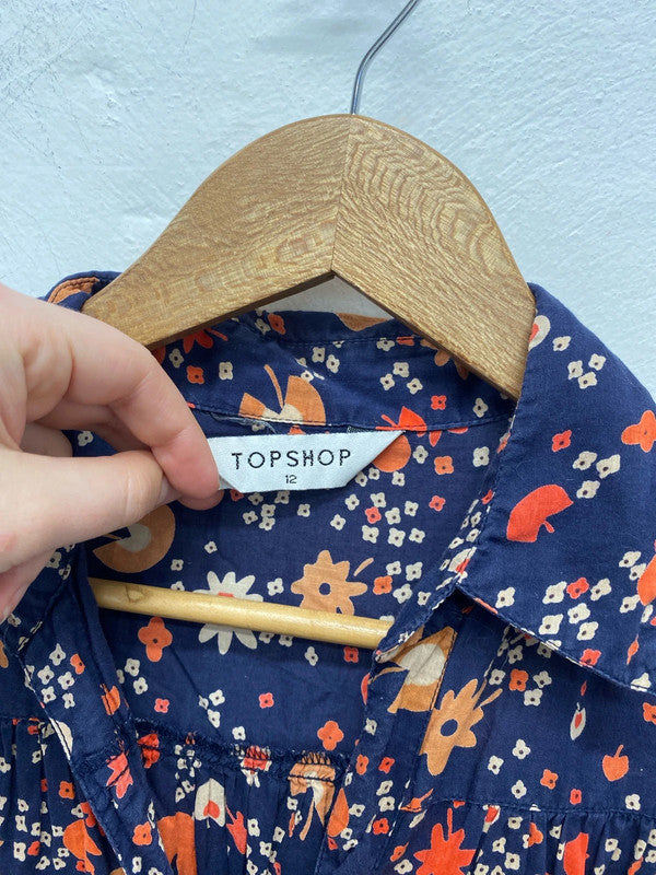 Topshop Fabulous Navy Botanical Pattern Shirt Dress UK 12 JM007