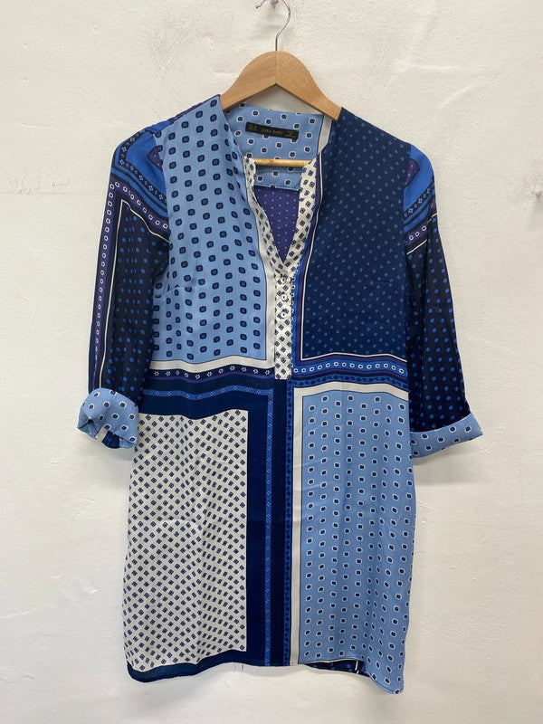 Zara Gorgeous Blue Artsy Boho Satin Tunic Size XS AE001