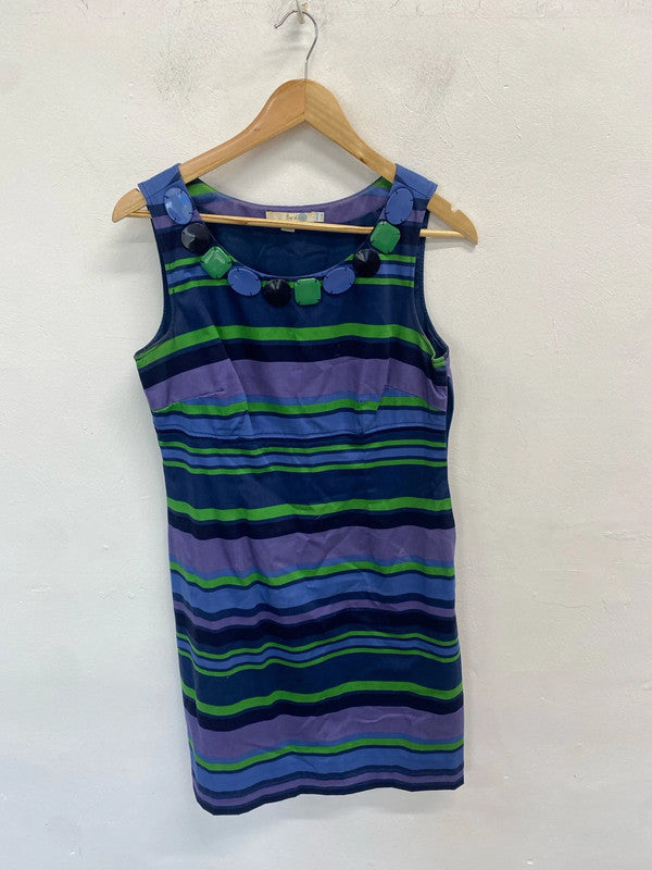 Stunning Boden blue green striped midi dress jewel neckline UK 12 MM005