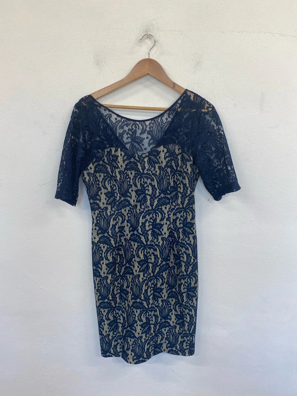 Next Elegant Navy Lace Overlay Midi Dress UK 14 AO001