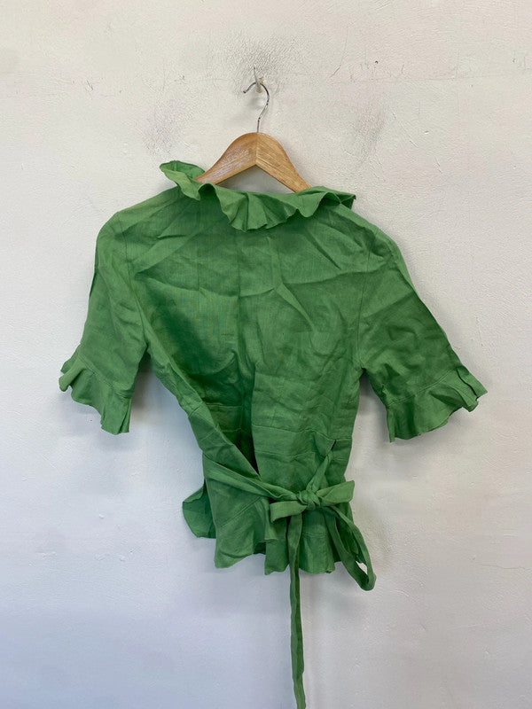 Stunning Great Plains green frill wrap top UK S nwt AG005