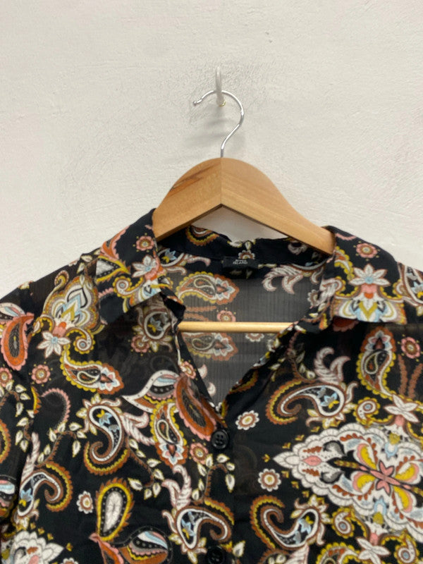 Lovely river island brown white pattern semi sheer slip maxi dress UK 8 KM004