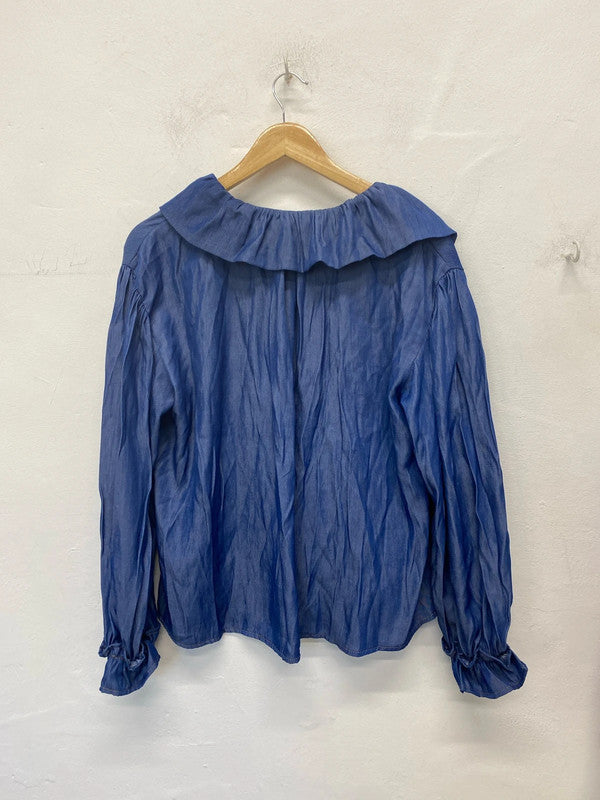 Feelhoo Elegant Blue Shimmer Ruffle Blouse Size L KM005