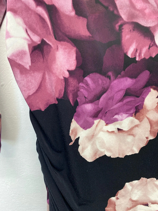 Phase Eight Gorgeous Purple & Black Rose Ruched Midi Dress UK 16 KM005