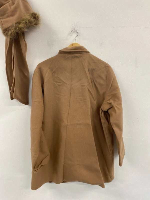 Neuville Stylish Tan Overcoat & Faux Fur Hood UK 14-16 JW002