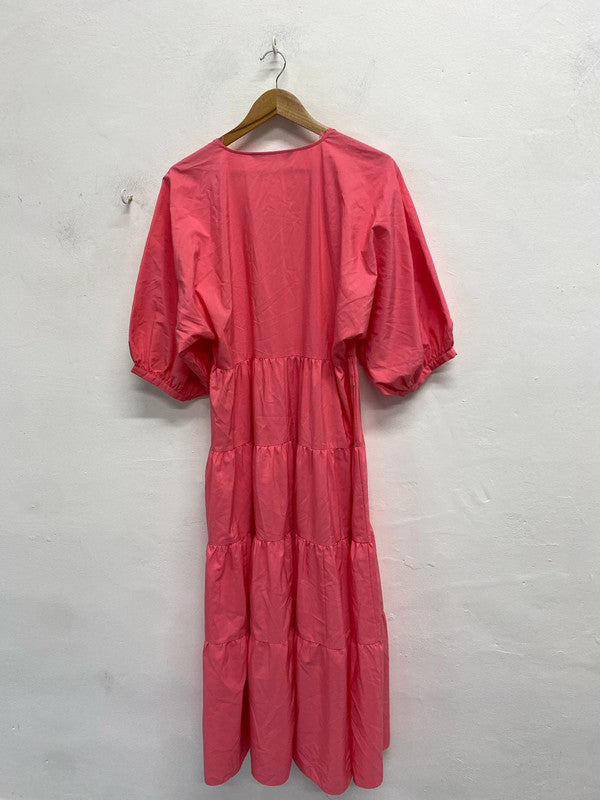 Stunning Zara pink tiered smock maxi dress cerise pink UK S KS002