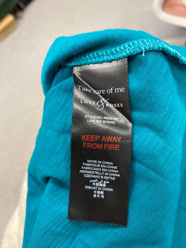 Fabulous love roses turquoise v neck blouse UK 12 GJ001