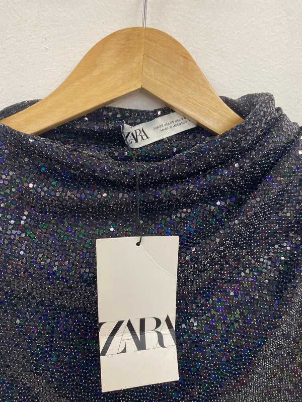 Zara Glitzy Silvery Black Sparkle Asymmetric Mini Dress Size XS SD002
