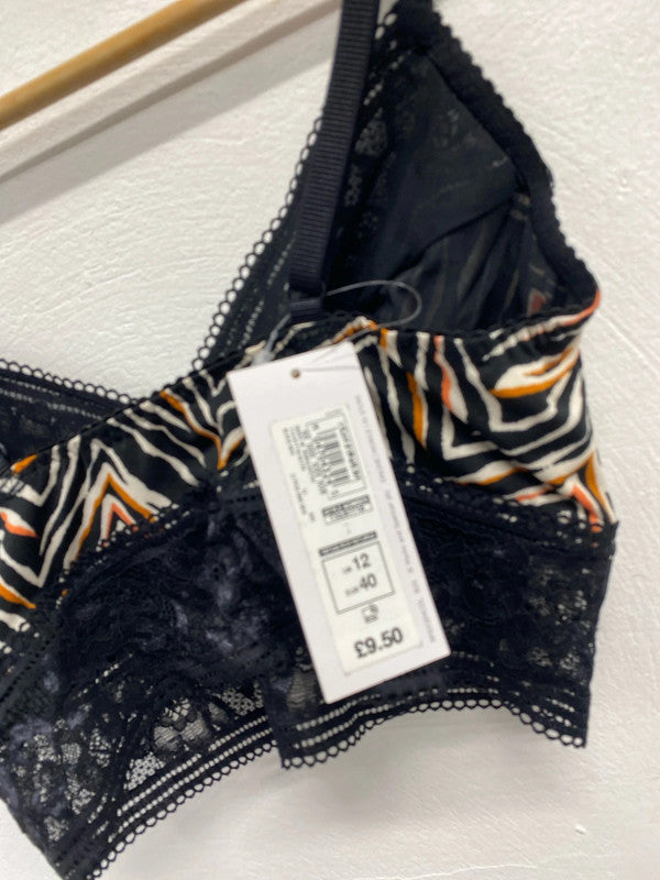 Lovely M&S black zebra lace bralette UK 12 HA001