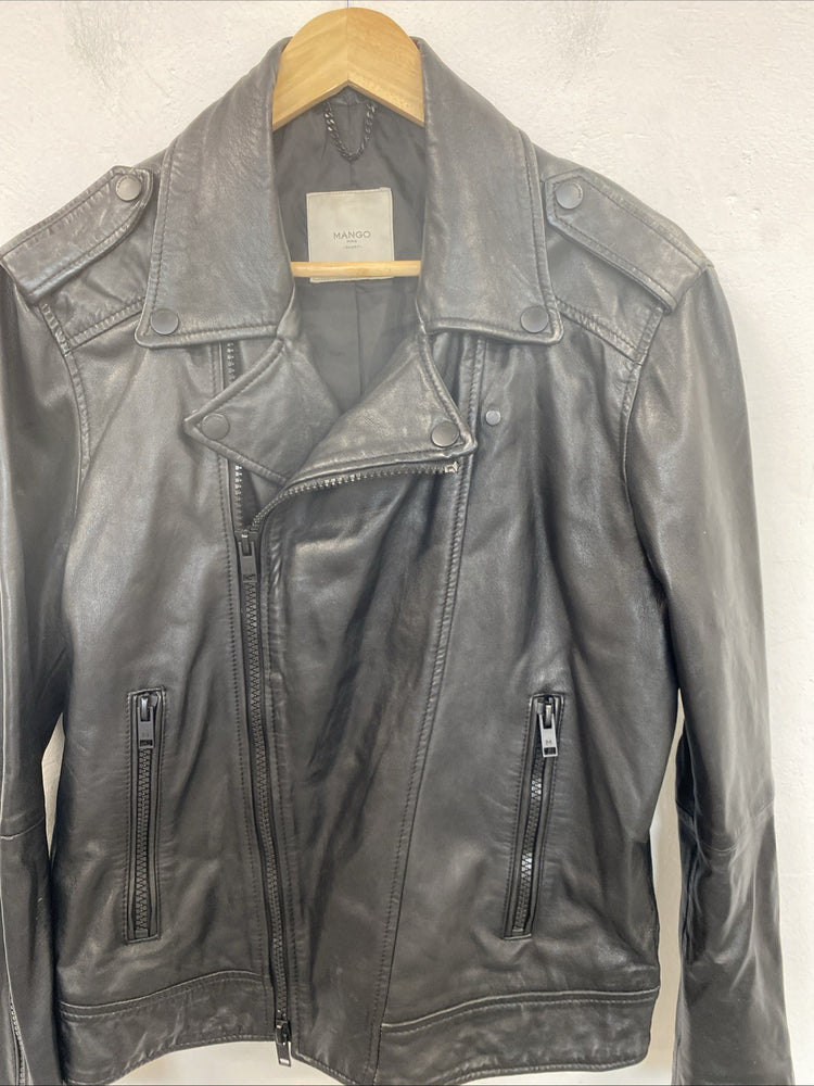 Mango Mens Black Sheep Leather Biker Jacket Size M DF002