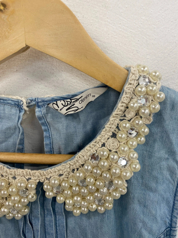 Miss Selfridge Preppy Denim Pearl Collar Playsuit UK 10 LK009