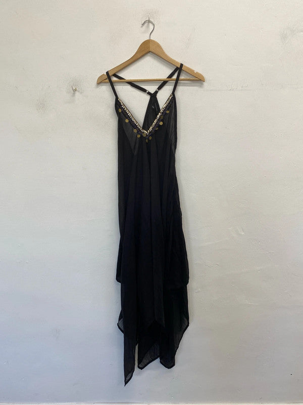 Stunning atmosphere black beaded semi sheer beach summer dress UK M JB001