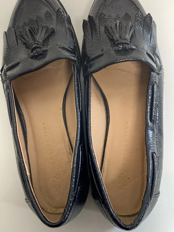 M&S Stylish Black Patent Loafers UK 4 NC001