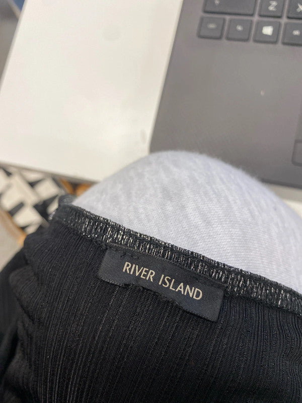 Stunning river island metallic silver split hem low neck dress UK S KM004