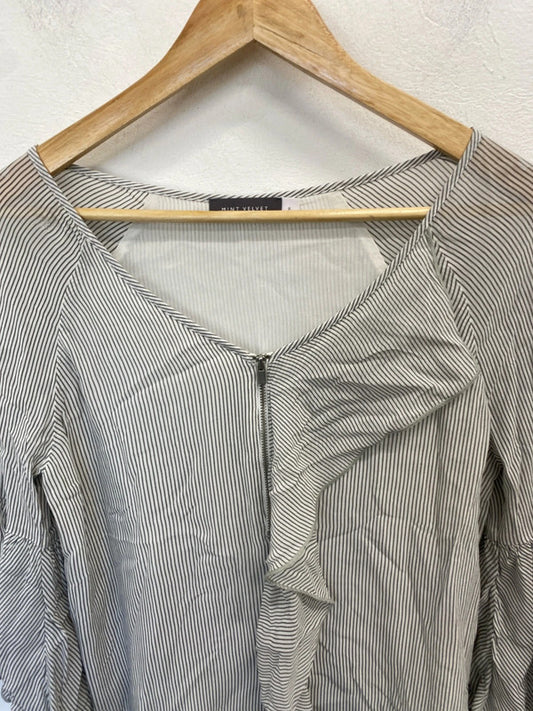 Lovely mint velvet grey striped frill semi sheer blouse UK 8 AG005