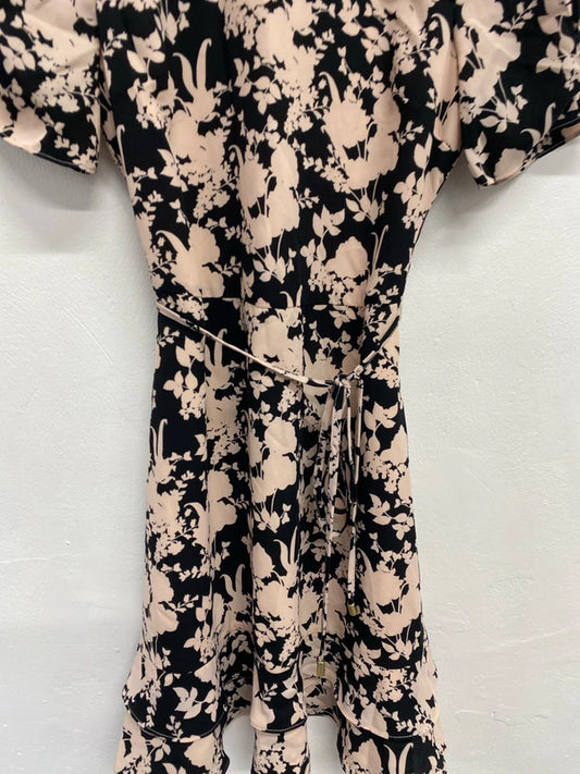 Lovely oasis beige black floral tie waist midi dress UK 8 KM004