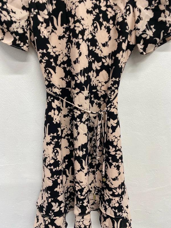 Lovely oasis beige black floral tie waist midi dress UK 8 KM004