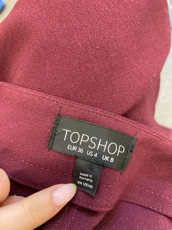 Lovely Topshop burgundy office cropped belted trousers UK 8 JM008