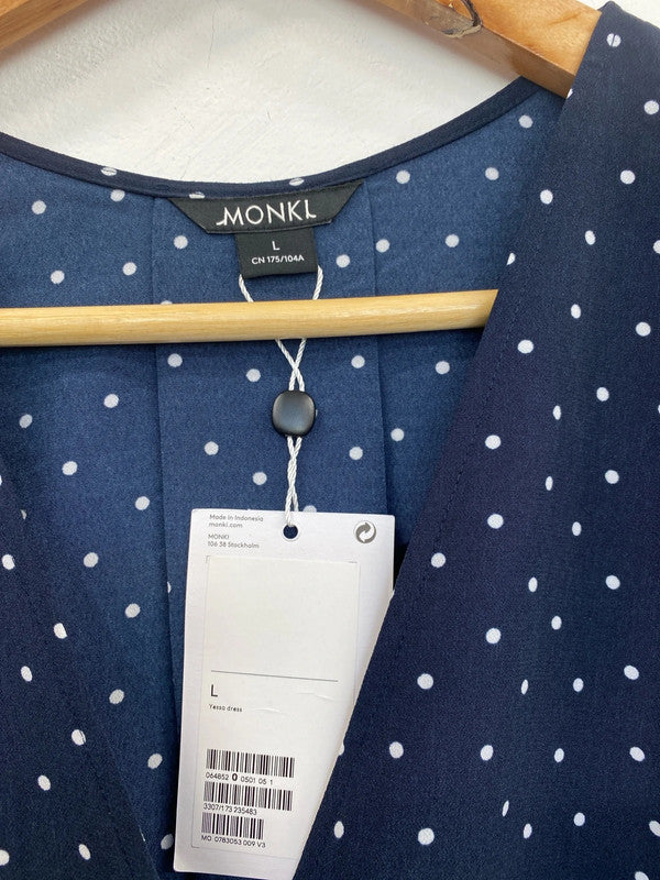 Monki Chic Navy Yessa Dress Micro Spot Pattern Size L Oversize IM001
