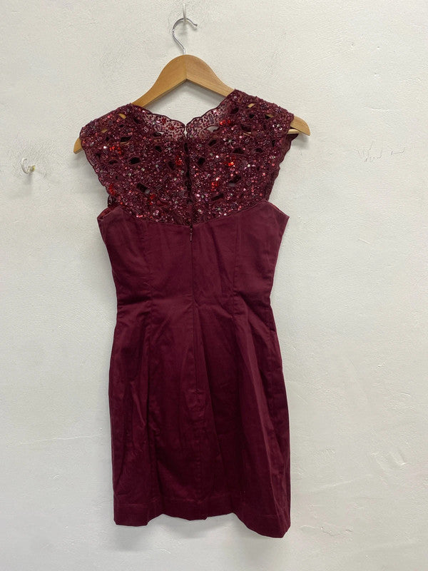 Beautiful French connection burgundy sparkle lace trim midi dress UK S KM004