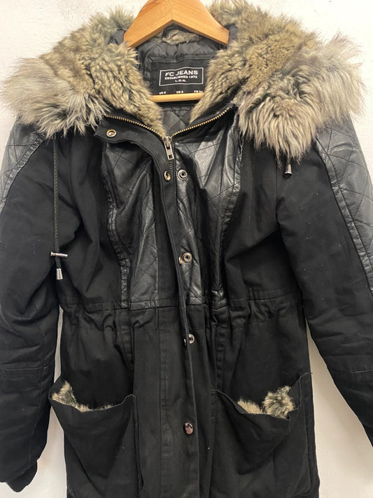 Lovely French connection fur hood parka black UK 6 KM004