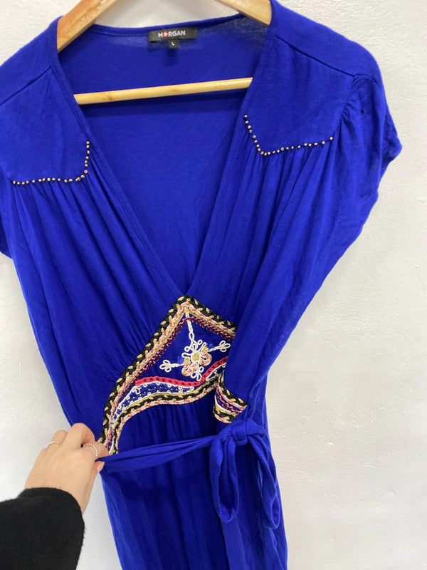 Lovely Morgan de toi blue tie waist pattern blue mid dress UK L JB005