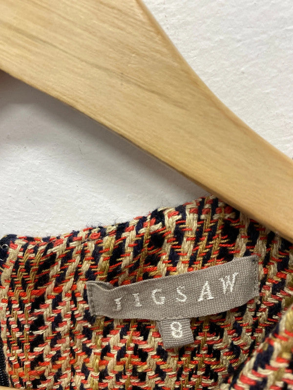 Fabulous Jigsaw Orange Navy check silk blend formal dress Uk8 AG006