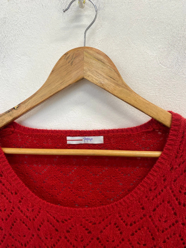 Lovely papaya lambs wool blend red broderie longline jumper UK 10 MM005