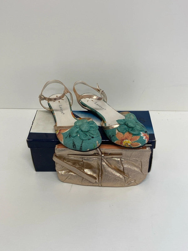 Laceys & M&S Fabulous Turquoise Floral Flats & Matching Clutch UK 4 AT001