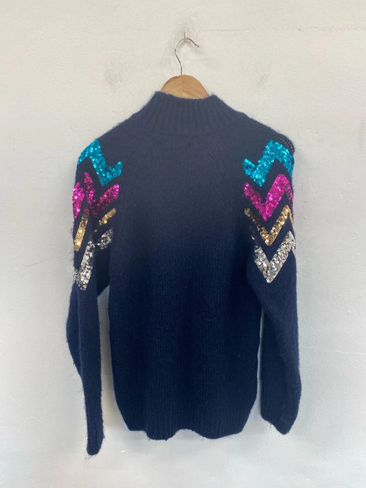 Khost Fabulous Navy Colourful Zigzag Sequin Jumper Size S JP001