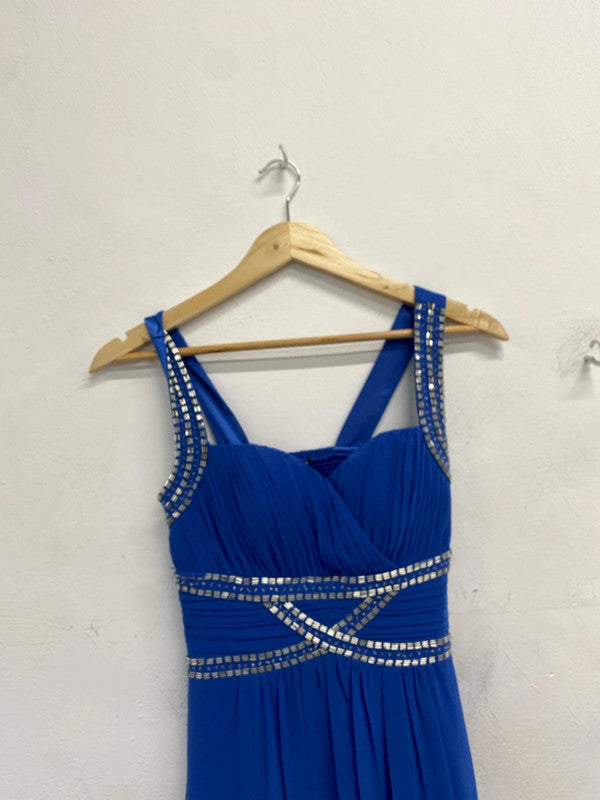 Lovely quiz electric blue silver beaded prom dress UK 8 GK002