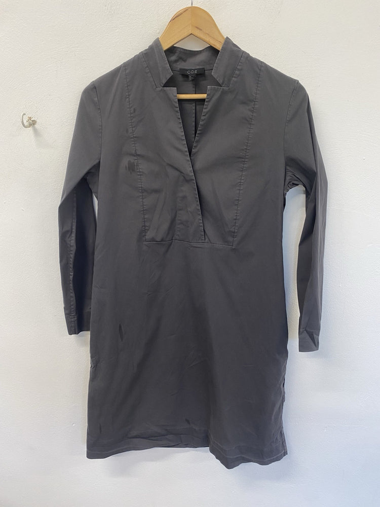 COS Grey Tunic Smock MIDI Dress Cotton Long Sleeves With Pockets Size36 FE001